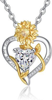 wholesale 925 Sterling Silver Sunflower Birthstone Necklace Heart Pendant Sunshine Jewelry Gift for Women-04 Apr