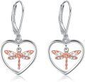 wholesale 925 Sterling Silver Heart-Shaped Dragonfly Drop Earrings with Rose Gold Accents and Cubic Zirconia Stones-0-0