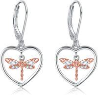 wholesale 925 Sterling Silver Heart-Shaped Dragonfly Drop Earrings with Rose Gold Accents and Cubic Zirconia Stones-Dragonfly-1 Earrings