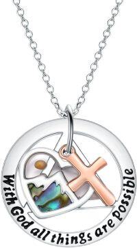 wholesale 925 Sterling Silver Abalone Shell and Tiger Eye Stone Cross Pendant Necklace with Inspirational Message With God All Things Are Possible for Women Girls  43cm Chain Length-AA Necklace