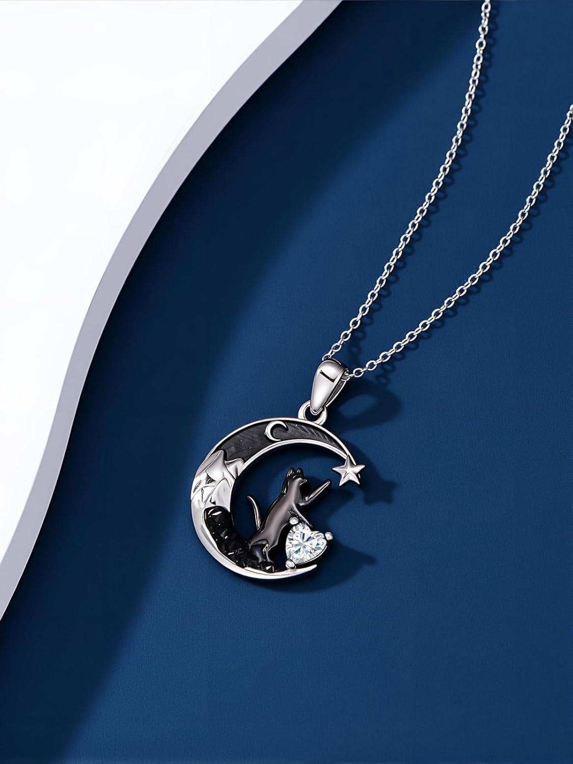 925 Sterling Silver Black Cat Necklace with Heart Birthstone Crescent Moon Star Pendant Gothic Jewelry Gift for Women Wife Cat Lover-0-4