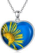 wholesale 925 Sterling Silver Blue & Yellow Daisy Heart-Shaped Resin Pendant Necklace-0-0