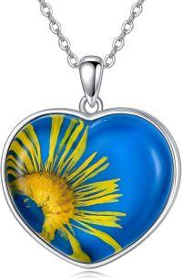 wholesale 925 Sterling Silver Blue & Yellow Daisy Heart-Shaped Resin Pendant Necklace-blue