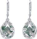 wholesale 925 Sterling Silver Green Moss Agate and White Opal Filigree Leverback Drop Earrings-0-0
