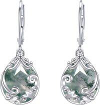 wholesale 925 Sterling Silver Green Moss Agate and White Opal Filigree Leverback Drop Earrings-Moss Agate