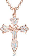 wholesale Rose Gold 925 Sterling Silver White Fire Opal Flower Cross Pendant Necklace for Women-0-0