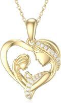 wholesale 14K Gold Mother and Child Heart Pendant Necklace with Cubic Zirconia - Gift for Mom/Wife/Grandma (16+2)-0-0