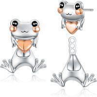 wholesale Sterling Silver Animal Stud Earrings Cute Axolotl Cow Pig Koala Frog Bulldog Panda Highland Cow Bee Cat for Women Christmas Birthday-01-Adjustable Frog