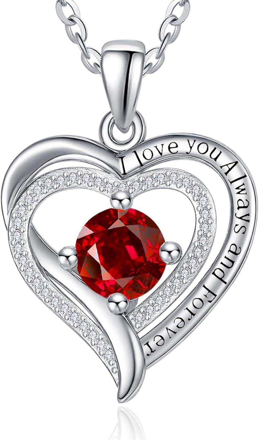 Sterling Silver White Gold Heart Pendant Necklace w Birthstone for Women-01-Jan