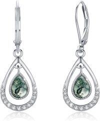 wholesale 925 Sterling Silver Teardrop Green Stone Leverback Earrings-07- Moss AgateTeardrop