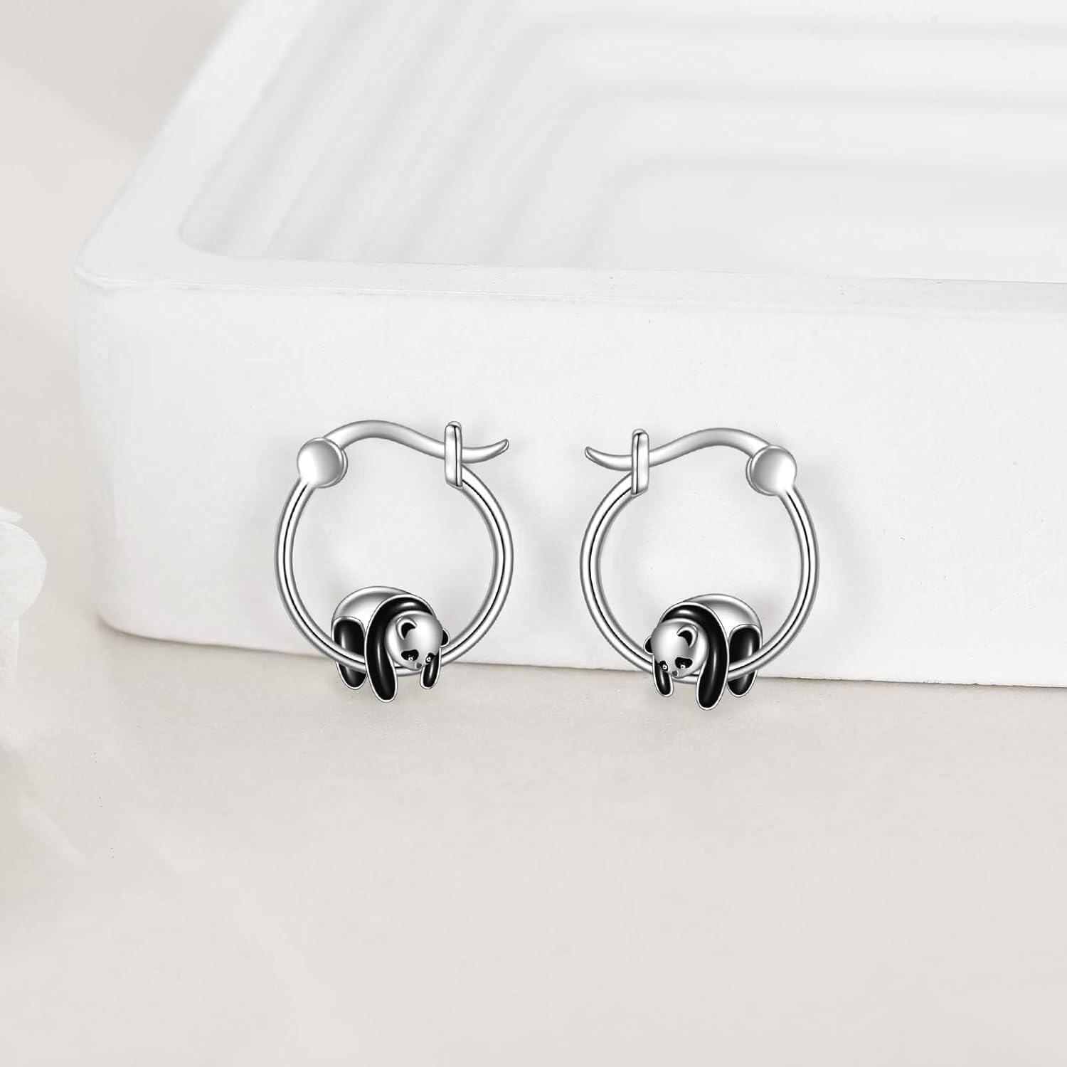 wholesale 925 Sterling Silver Black Enamel Panda Charm Huggie Hoop Earrings for Women-0-1