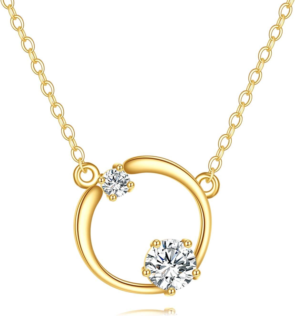 14K Gold CZ Circle Pendant Necklace for Women-0-0