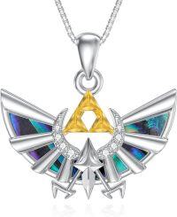 wholesale 925 Sterling Silver Legend of Zelda Triforce Pendant Necklace with Abalone Shell Inlay and Cubic Zirconia Stones for Men & Women-Zelda