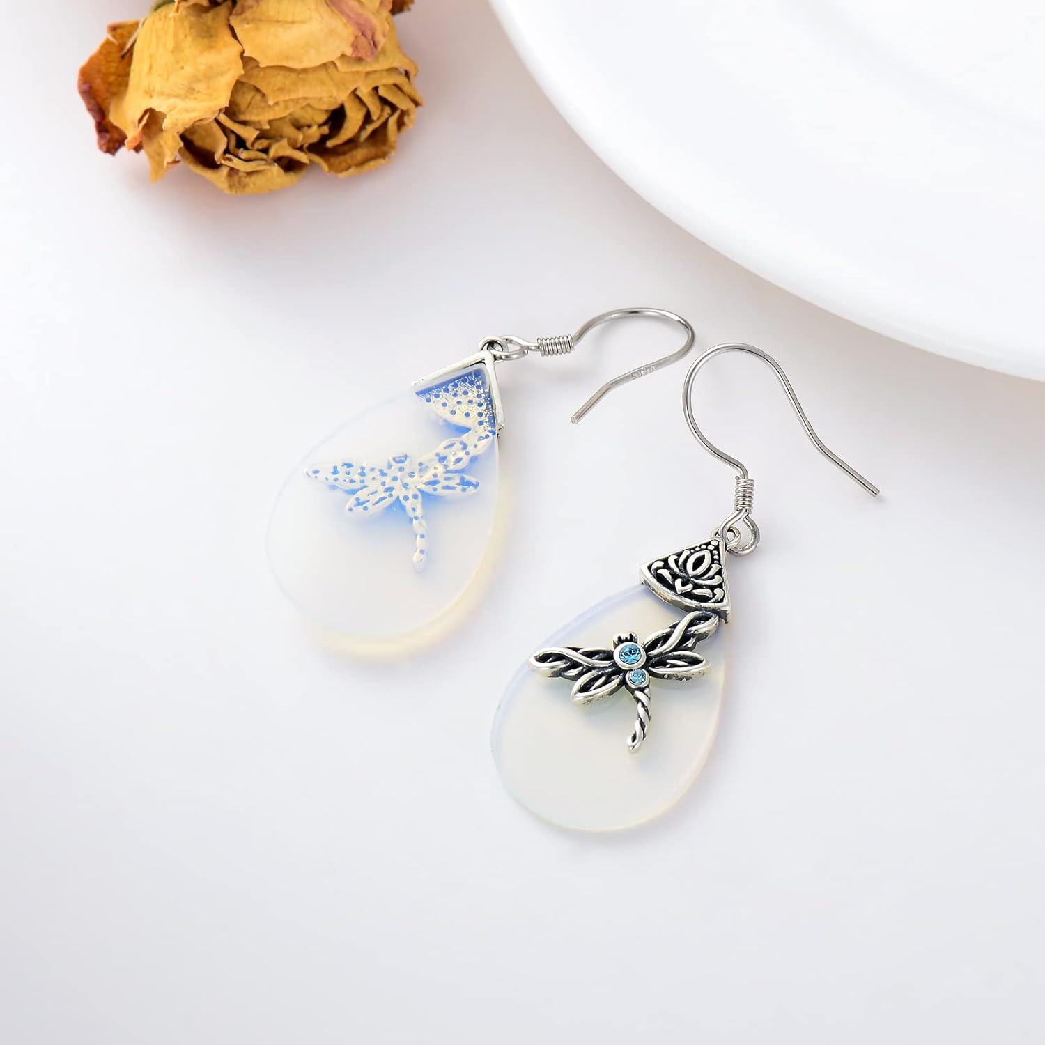 925 Sterling Silver Teardrop Lotus Flower & Blue Crystal Dragonfly Dangle Earrings Celtic  for Women Her Wife Mom-0-2