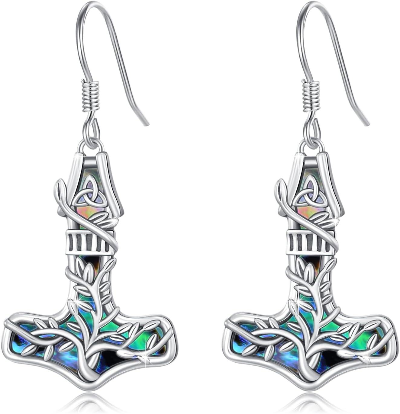 Sterling Silver Stone Viking Earrings Tree of Life Thor Hammer Compass Dangle Drop Jewelry Gifts for Women-0-0