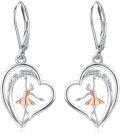 wholesale 925 Sterling Silver Heart-Shaped Ballerina Dangle Drop Earrings with Rose Gold Accents-0-0