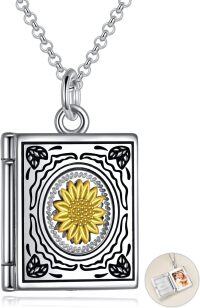 wholesale 925 Sterling Silver Sunflower Book Shape Photo Locket Pendant Chain Necklaces for Women Mother's Day Gifts-Book with Sunflower
