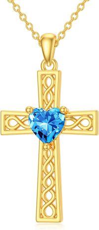 wholesale 14K Yellow Gold Blue Heart Stone Infinity Design Faith Cross Pendant Necklace Religious  for Women-Style 7