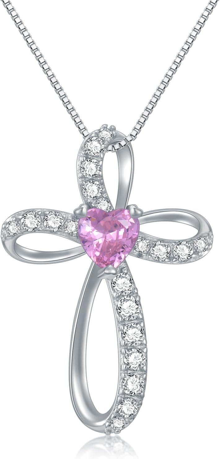  Sterling Silver Birthstone Cross Necklace for Women Birthday Mother s Day Gift ( )-10-October Birthstone - Pink Tourmaline