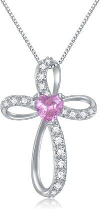 wholesale 925 Sterling Silver Birthstone Cross Necklace for Women Birthday Mother s Day Gift ( )-10-October Birthstone - Pink Tourmaline
