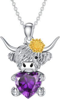 wholesale Metal Stone Highland Cow Pendant Necklace w Heart Birthstone Women s Gift-February