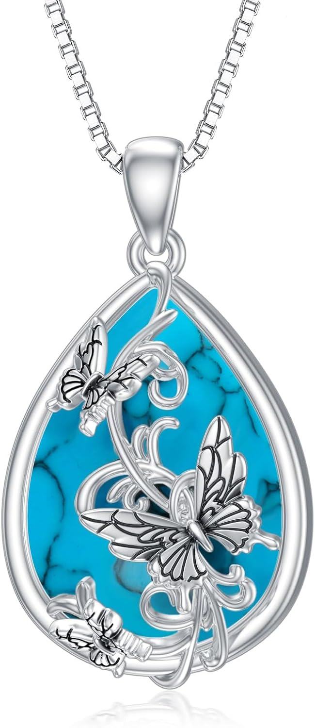 Sterling Silver Moss Agate Turquoise Clover Ankh Sun Compass Necklace w Butterfly Dragonfly Bee Pendant Women s Gift-Butterfly-2