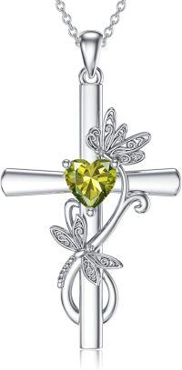 wholesale Sterling Silver Birthstone Dragonfly Cross Pendant Necklace for Women-08-August