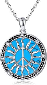 wholesale Sterling Silver Sun Pendant Peace Sign Necklace for Women-03-Turquoise Peace Sign Necklace