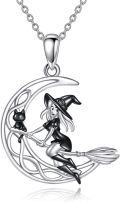wholesale 925 Sterling Silver Witch and Black Cat on Broom with Crescent Moon Pendant Necklace-0-0