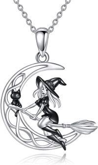 wholesale 925 Sterling Silver Witch and Black Cat on Broom with Crescent Moon Pendant Necklace-Celtic Moon with Witch Broom