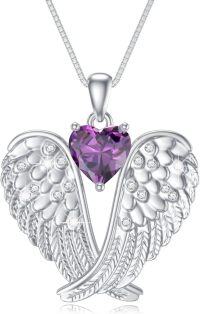 wholesale 925 Sterling Silver Birthstone Angel Wings Pendant Necklace for Women Christmas Gift-2-Feb-Amethyst