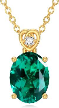 wholesale 14K Gold Diamond (I2 I3) 2Ct Oval Birthstone Necklace for Women Mom-Created Emerald