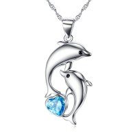 wholesale 925 Sterling Silver Dolphin Pendant With Blue Heart Crystal Necklace-Heart Blue Dolphin Necklace