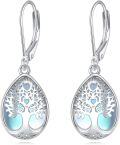wholesale 925 Sterling Silver Teardrop Moonstone Tree of Life Drop Earrings with Leverback Closure - Lavender and Blue Color-0-0