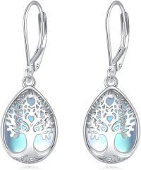 wholesale 925 Sterling Silver Teardrop Moonstone Tree of Life Drop Earrings with Leverback Closure - Lavender and Blue Color-Tree of Life
