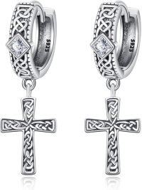 wholesale 925 Sterling Silver 925 Black Gold Plated Celtic Knot Cross Huggie Hoop Earrings with Cubic Zirconia for Men & Women-Cross Hoop Earrings-Silver