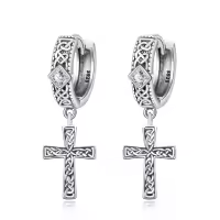 wholesale 925 Sterling Silver 925 Black Gold Plated Celtic Knot Cross Huggie Hoop Earrings Wholesale with Cubic Zirconia for Men & Women-Cross Hoop Earrings-Silver