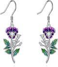 wholesale 925 Sterling Silver Purple Poppy Flower Drop Dangle Earrings with Green Leaves and CZ Stones for Women Girls -0-6
