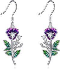 wholesale 925 Sterling Silver Purple Poppy Flower Drop Dangle Earrings with Green Leaves and CZ Stones for Women Girls -Drop-February-Violet Earrings
