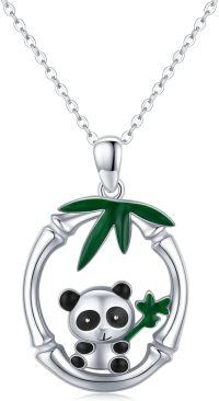 wholesale 925 Sterling Silver 925 Green Enamel Bamboo Leaf & Panda Charm Necklace Gift Idea-Panda
