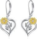 wholesale 925 Sterling Silver Heart-Shaped Sunflower Leverback Earrings with Leaves and Crystal Centerpiece-0-0