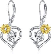 wholesale 925 Sterling Silver Heart-Shaped Sunflower Leverback Earrings with Leaves and Crystal Centerpiece-Sunflower
