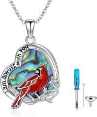 wholesale 925 Sterling Silver Red Cardinal Heart Locket Necklace with Abalone Shell and Cubic Zirconia - Memorial s for Women/Mom/Wife-8-Heart Urn Cardinal