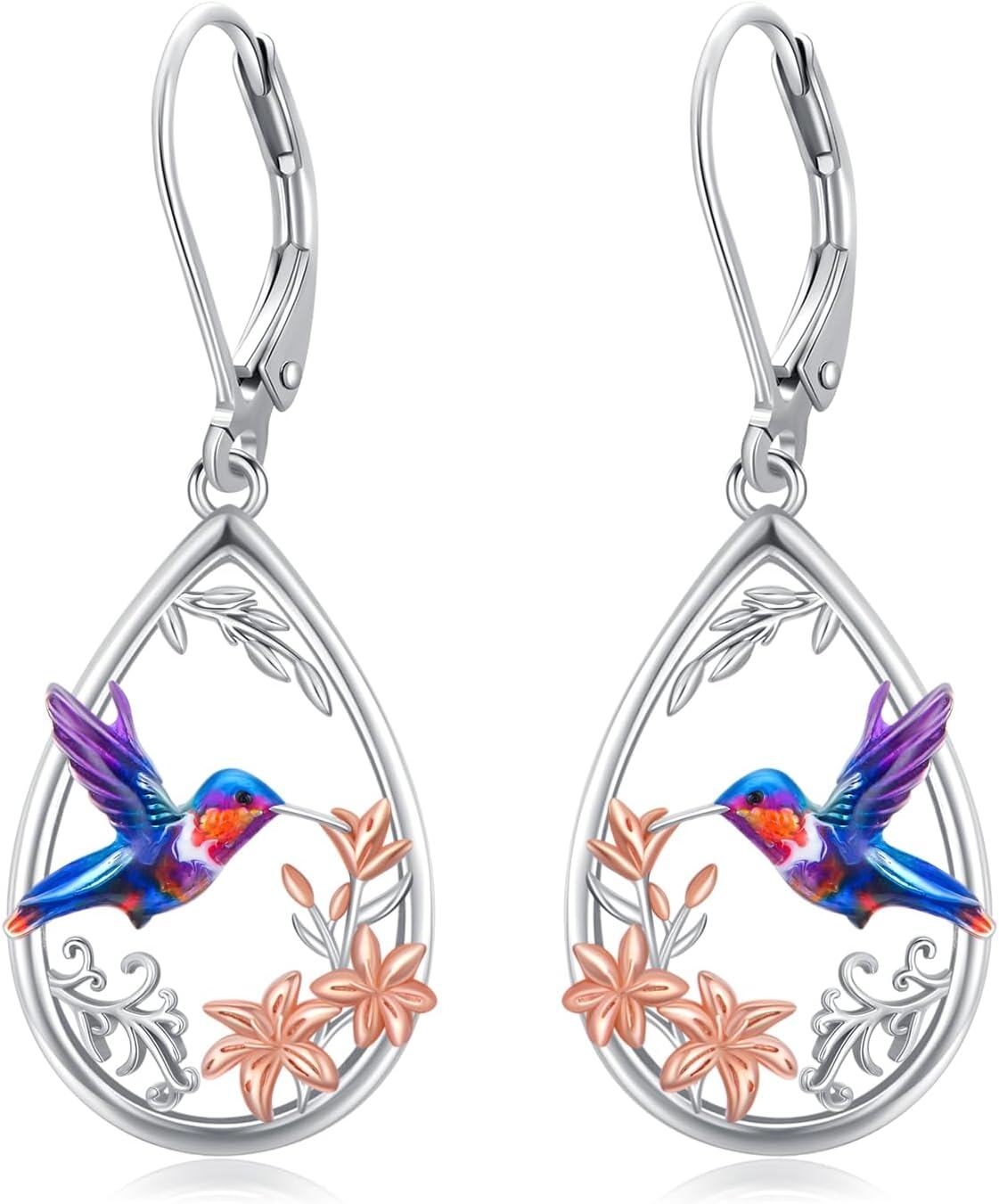 Sterling Silver Snowflake Daisies Sunflower Comedy Tragedy Mask Opera Mask Hummingbird Black Cat Dangle Earrings for Women-Hummingbird