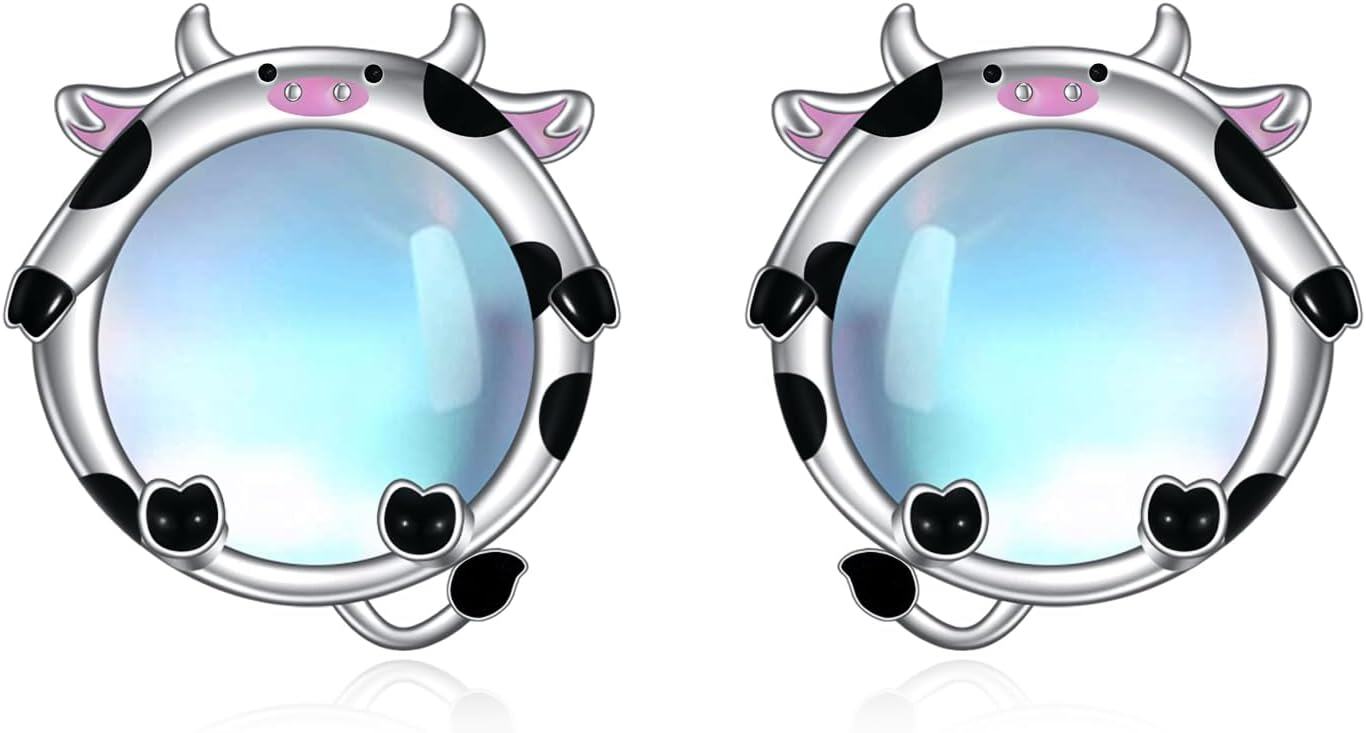 Sterling Silver Moonstone Cat Panda Fox Cow Owl Stud Earrings for Women-0-1
