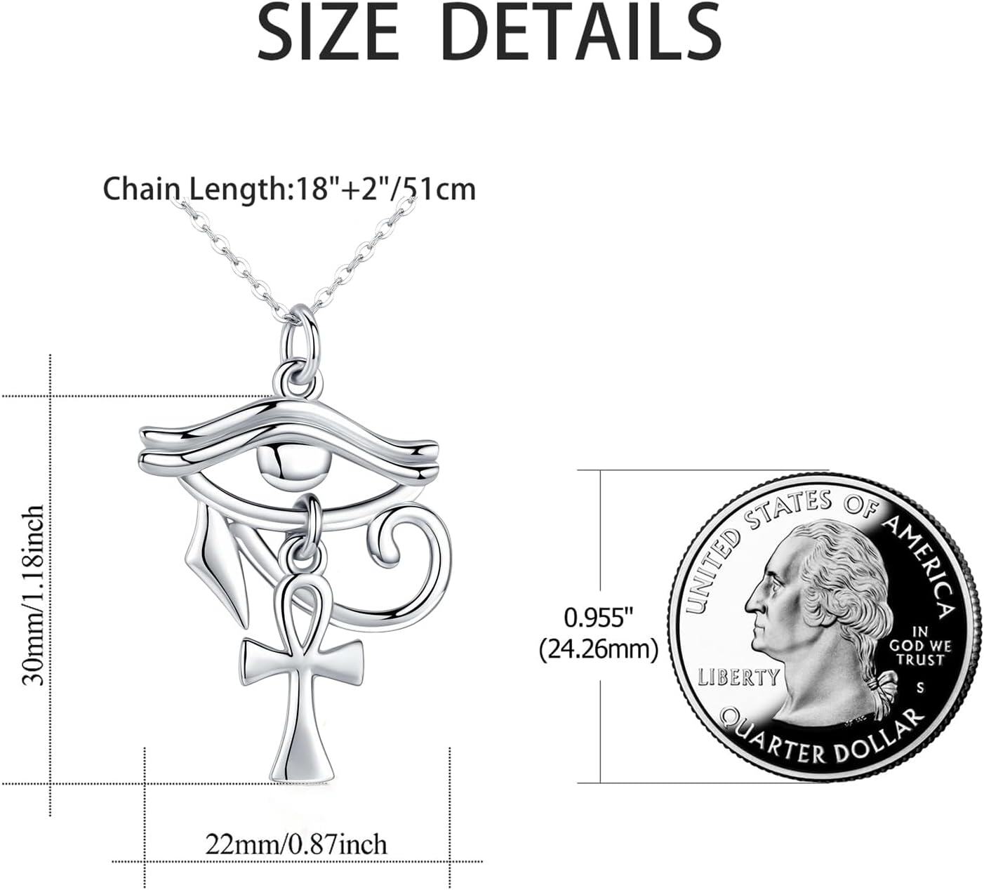 Sterling Silver Eye of Horus with Ankh Pendant Necklace for Women Men-0-5
