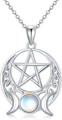 wholesale 925 Sterling Silver Pagan Wiccan Necklace with Opalite Stone and Triple Moon Symbol Pendant Norse Viking Jewelry-a.pentagram-1