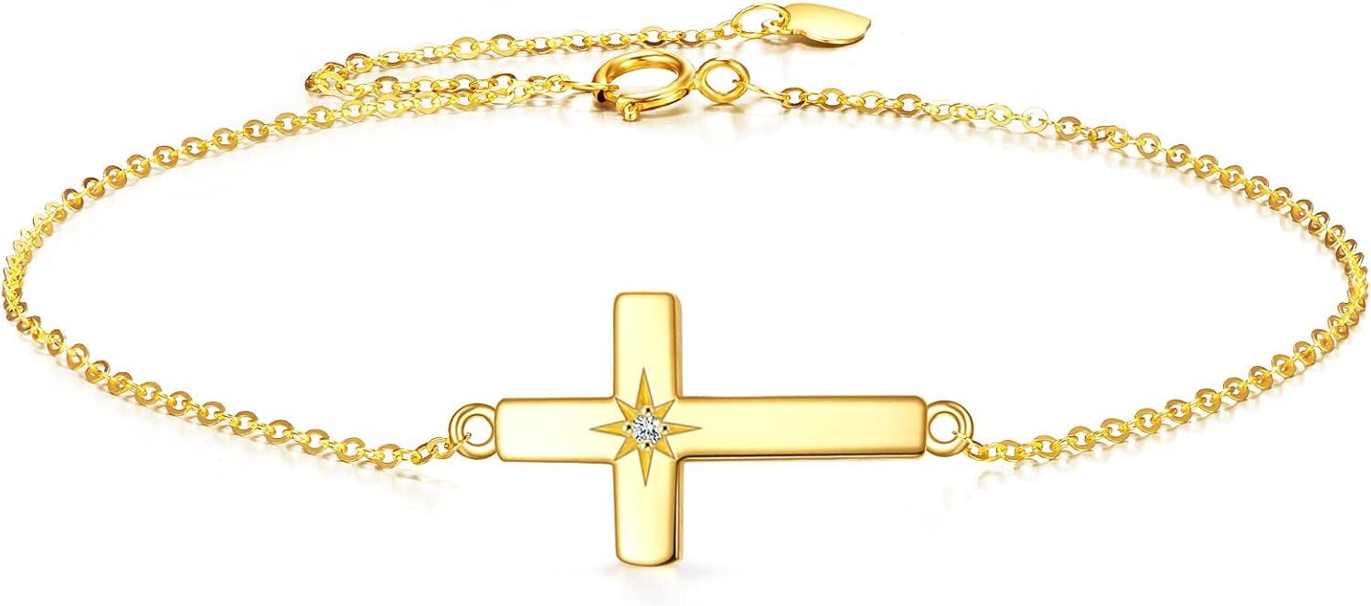 wholesale 14K Gold Sideways Cross CZ Star Charm Chain Link Bracelet for Women Adjustable Religious s-0-0