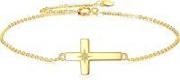 wholesale 14K Gold Sideways Cross CZ Star Charm Chain Link Bracelet for Women Adjustable Religious s-Cross Bracelet