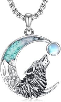 wholesale 925 Sterling Silver Wolf Howl on the Moon Turquoise & Opal Pendant Necklace-Wolf